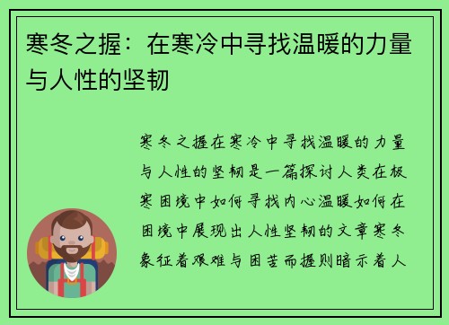 寒冬之握：在寒冷中寻找温暖的力量与人性的坚韧
